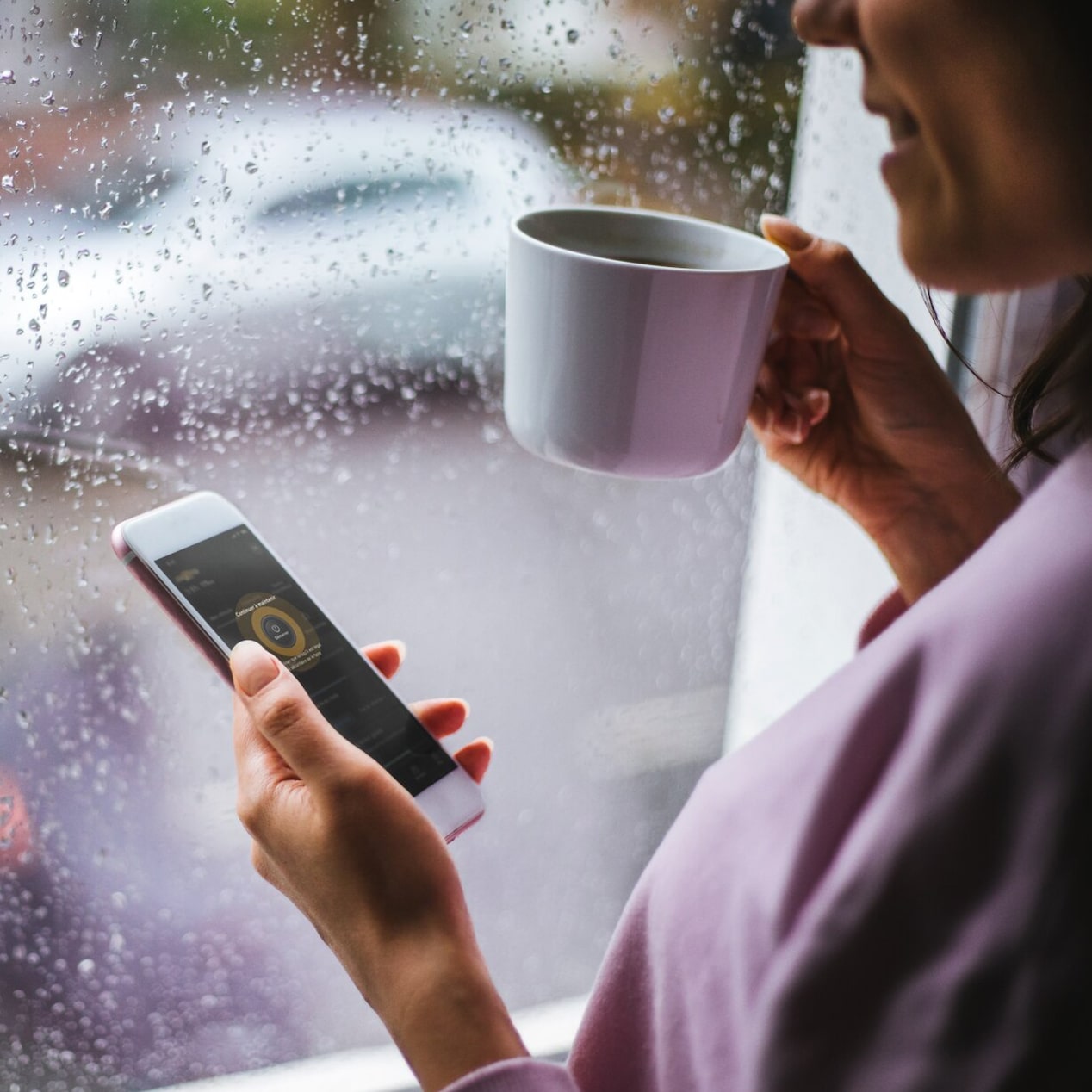 Close up of a person holding phone while a vehiclemobile app is open 