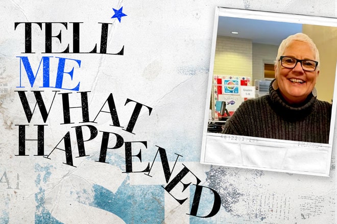 Tell Me What Happened logo and a photo of Taylor Hash featured in Season 3, Episode 5 of Tell Me What Happened: an original podcast by OnStar.