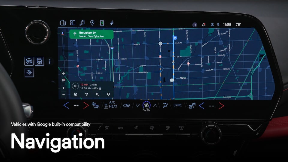 Close-up of the infotainment screen displaying a map with text overlay "Navigation"