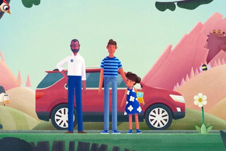 Illustration of Family of Three Standing in Front of Vehicle