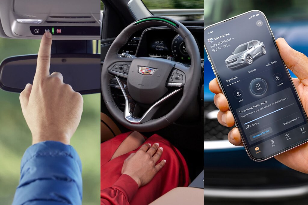 A collage of a Hand pushing OnStar button, no hands on a steering wheel for Super Cruise, hand holding open myBuick Mobile App