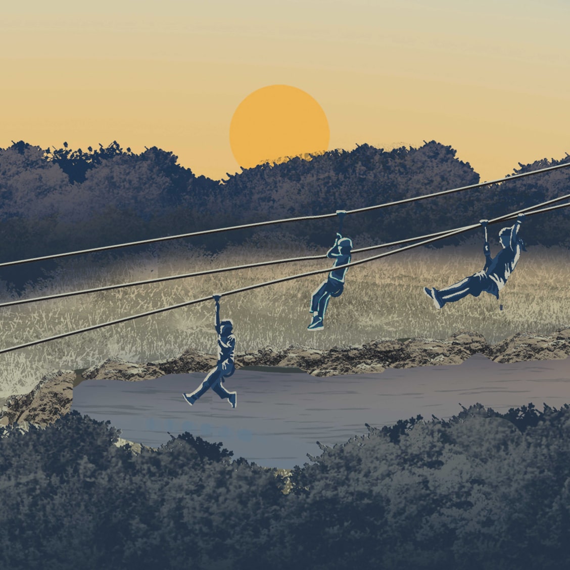 Illustration of People Ziplining over Trees While the Sun Sets 