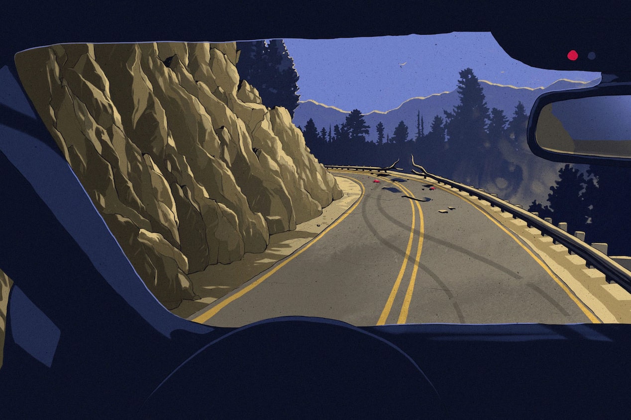 Illustration of Drivers Point of View Looking at Crash Debris on Cliffside