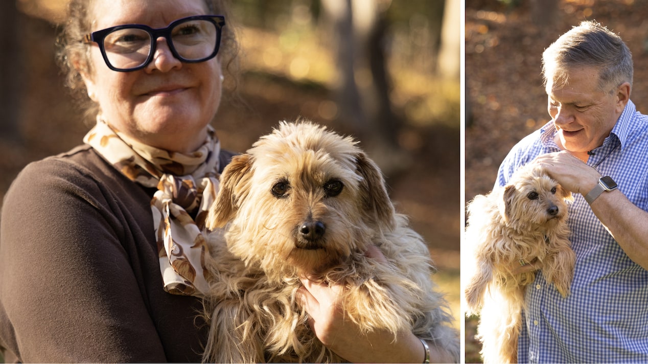 Snickers the dog being held by his owner Shelly