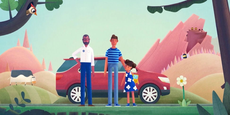 Graphic Image of a Family Standing in Front of a Red SUV